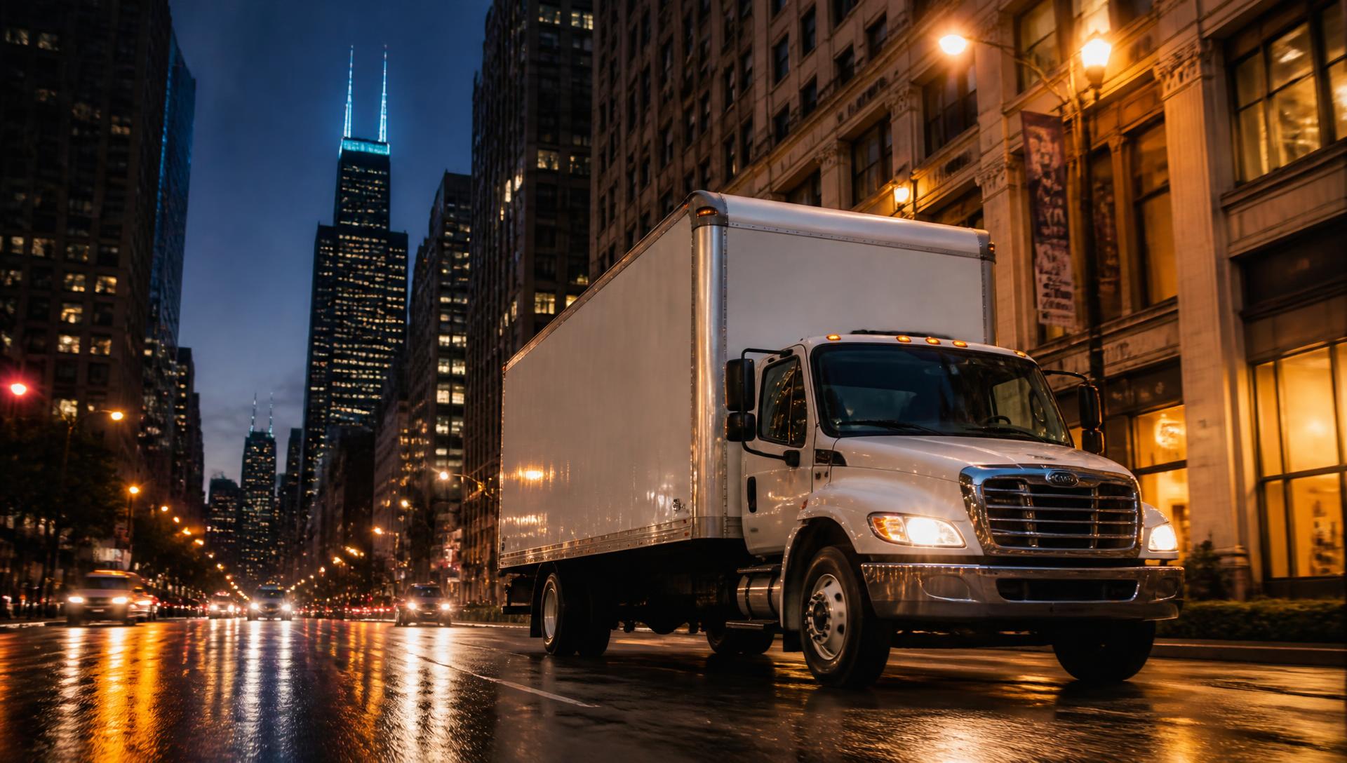 First Class Movers box truck driving through downtown Chicago at dusk
